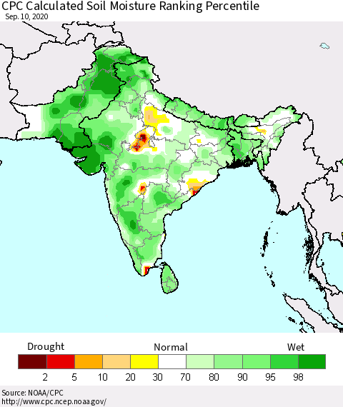 Southern Asia CPC Calculated Soil Moisture Ranking Percentile Thematic Map For 9/6/2020 - 9/10/2020