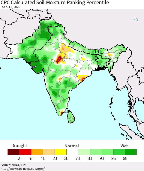 Southern Asia CPC Calculated Soil Moisture Ranking Percentile Thematic Map For 9/11/2020 - 9/15/2020