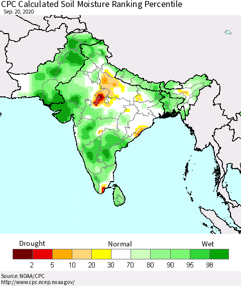 Southern Asia CPC Soil Moisture Ranking Percentile (Leaky Bucket) Thematic Map For 9/16/2020 - 9/20/2020
