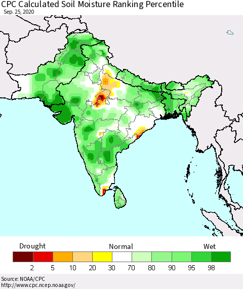 Southern Asia CPC Calculated Soil Moisture Ranking Percentile Thematic Map For 9/21/2020 - 9/25/2020