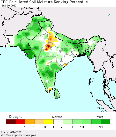 Southern Asia CPC Calculated Soil Moisture Ranking Percentile Thematic Map For 9/26/2020 - 9/30/2020