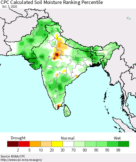 Southern Asia CPC Soil Moisture Ranking Percentile (Leaky Bucket) Thematic Map For 10/1/2020 - 10/5/2020