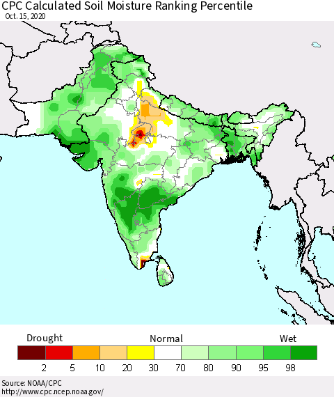 Southern Asia CPC Calculated Soil Moisture Ranking Percentile Thematic Map For 10/11/2020 - 10/15/2020