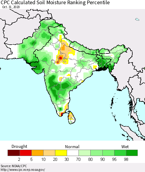 Southern Asia CPC Calculated Soil Moisture Ranking Percentile Thematic Map For 10/26/2020 - 10/31/2020