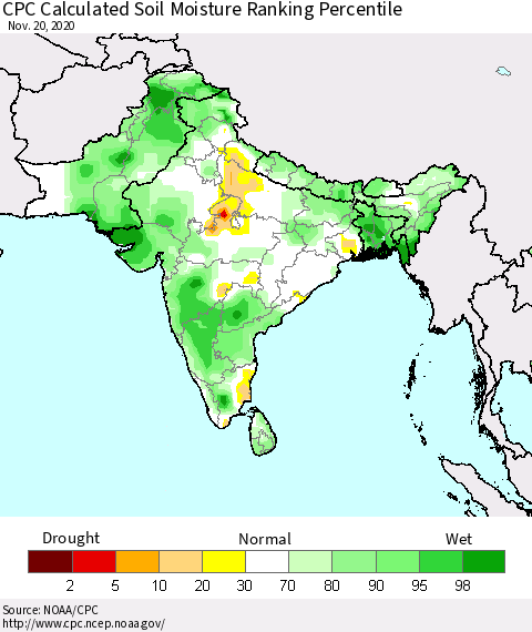 Southern Asia CPC Calculated Soil Moisture Ranking Percentile Thematic Map For 11/16/2020 - 11/20/2020
