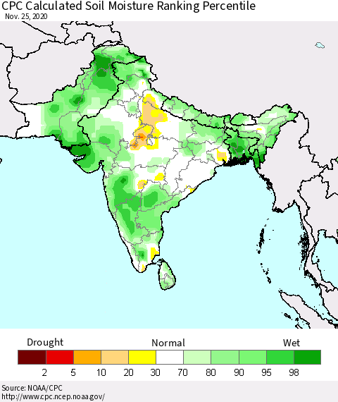 Southern Asia CPC Soil Moisture Ranking Percentile (Leaky Bucket) Thematic Map For 11/21/2020 - 11/25/2020
