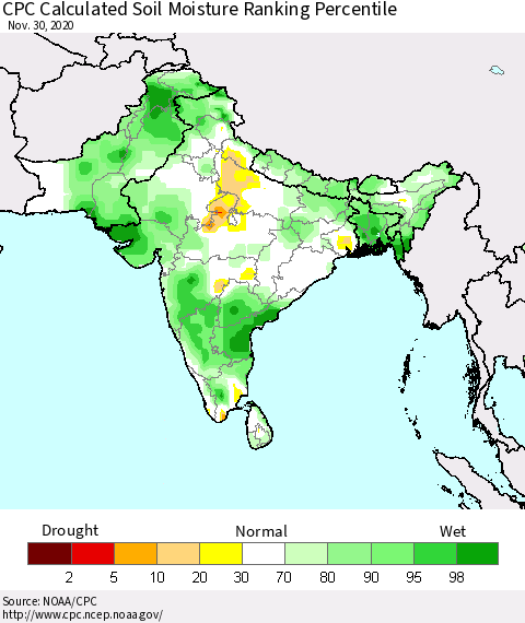 Southern Asia CPC Calculated Soil Moisture Ranking Percentile Thematic Map For 11/26/2020 - 11/30/2020