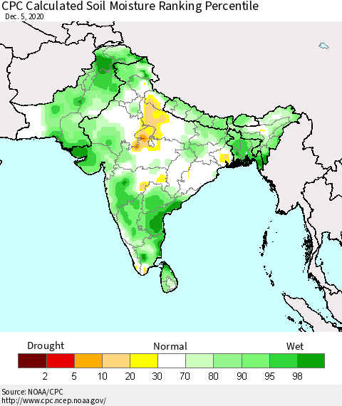 Southern Asia CPC Soil Moisture Ranking Percentile (Leaky Bucket) Thematic Map For 12/1/2020 - 12/5/2020