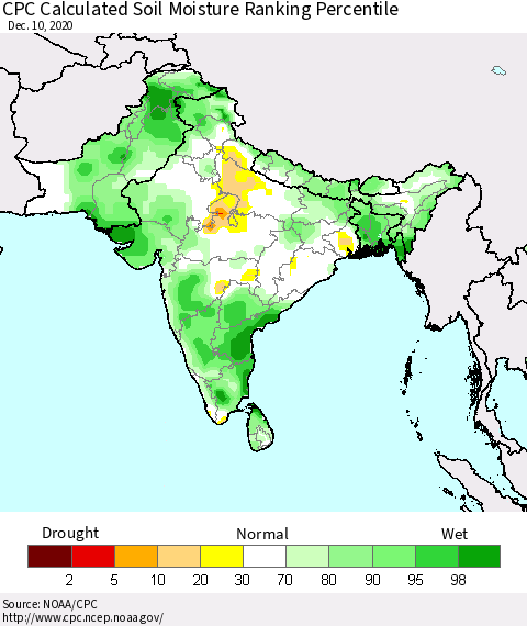 Southern Asia CPC Calculated Soil Moisture Ranking Percentile Thematic Map For 12/6/2020 - 12/10/2020