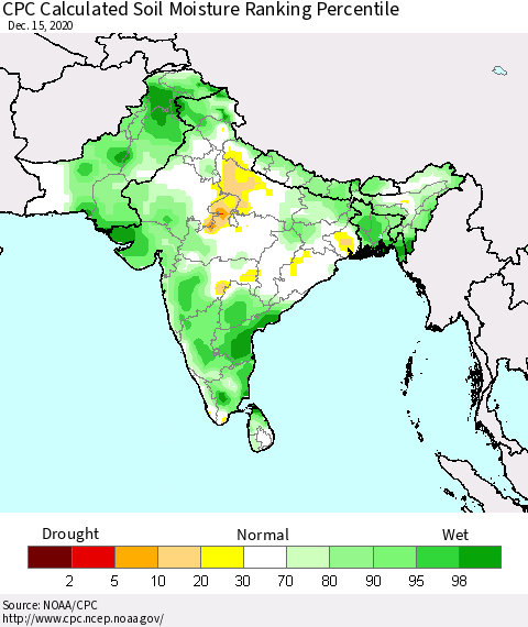 Southern Asia CPC Calculated Soil Moisture Ranking Percentile Thematic Map For 12/11/2020 - 12/15/2020