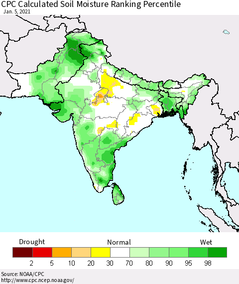 Southern Asia CPC Soil Moisture Ranking Percentile (Leaky Bucket) Thematic Map For 1/1/2021 - 1/5/2021