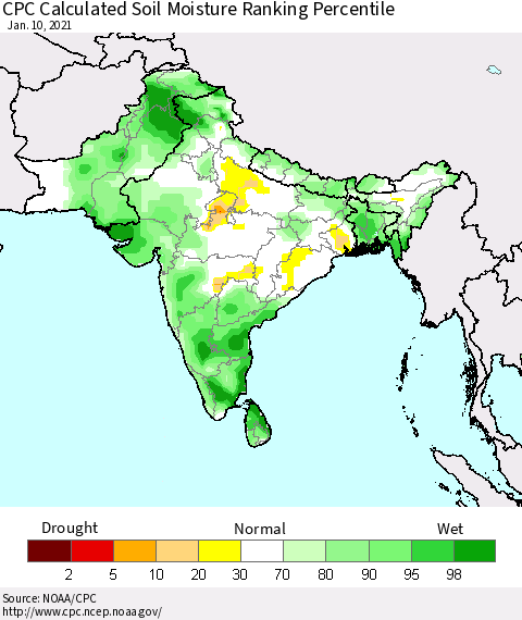 Southern Asia CPC Calculated Soil Moisture Ranking Percentile Thematic Map For 1/6/2021 - 1/10/2021