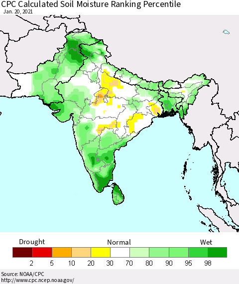 Southern Asia CPC Calculated Soil Moisture Ranking Percentile Thematic Map For 1/16/2021 - 1/20/2021