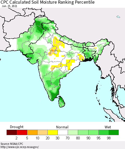 Southern Asia CPC Soil Moisture Ranking Percentile (Leaky Bucket) Thematic Map For 1/21/2021 - 1/25/2021
