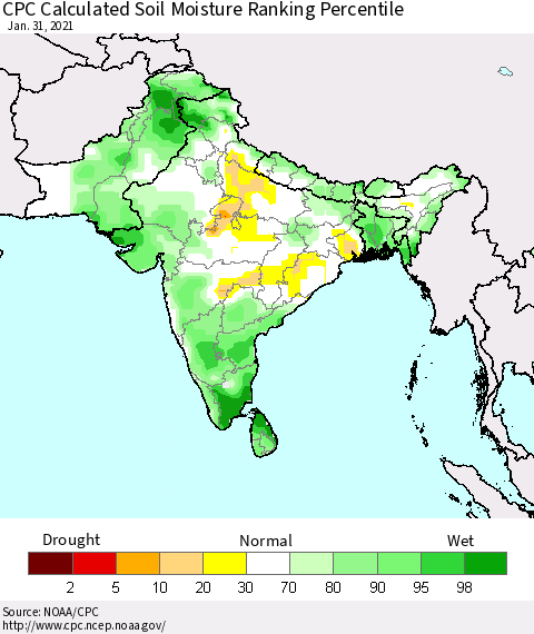 Southern Asia CPC Calculated Soil Moisture Ranking Percentile Thematic Map For 1/26/2021 - 1/31/2021