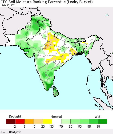 Southern Asia CPC Calculated Soil Moisture Ranking Percentile Thematic Map For 2/6/2021 - 2/10/2021