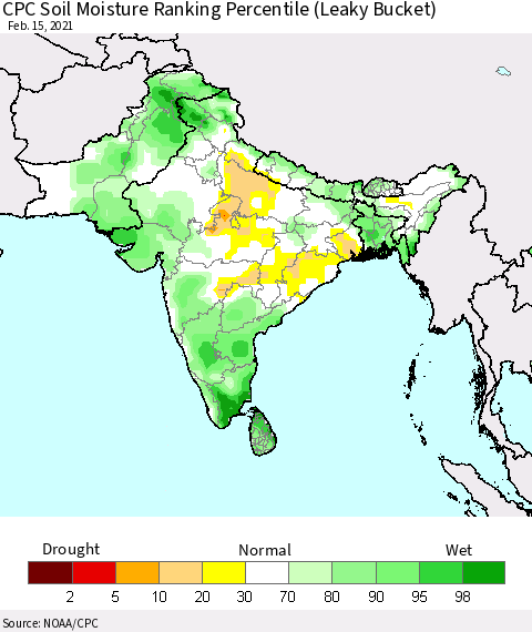 Southern Asia CPC Soil Moisture Ranking Percentile (Leaky Bucket) Thematic Map For 2/11/2021 - 2/15/2021