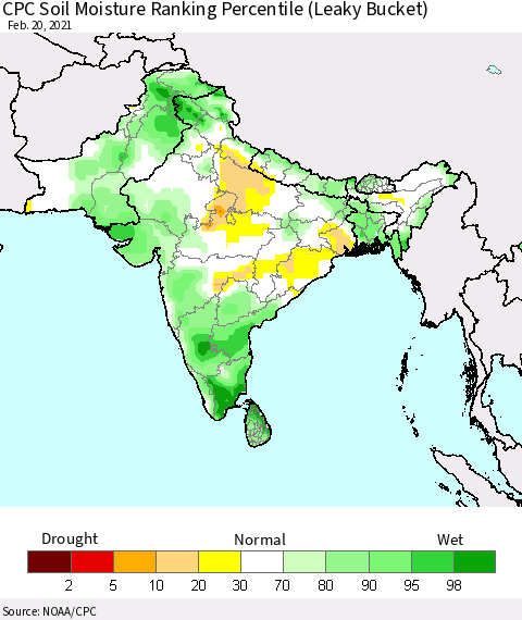 Southern Asia CPC Calculated Soil Moisture Ranking Percentile Thematic Map For 2/16/2021 - 2/20/2021