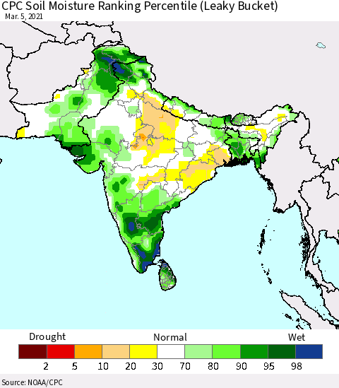 Southern Asia CPC Soil Moisture Ranking Percentile (Leaky Bucket) Thematic Map For 3/1/2021 - 3/5/2021