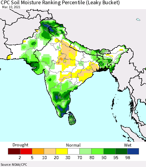 Southern Asia CPC Soil Moisture Ranking Percentile (Leaky Bucket) Thematic Map For 3/6/2021 - 3/10/2021