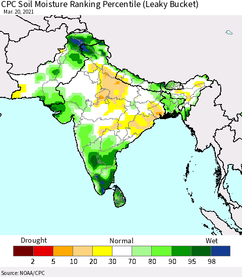 Southern Asia CPC Calculated Soil Moisture Ranking Percentile Thematic Map For 3/16/2021 - 3/20/2021