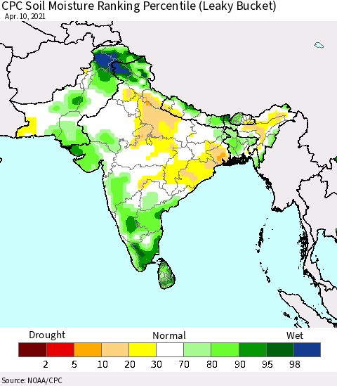 Southern Asia CPC Soil Moisture Ranking Percentile (Leaky Bucket) Thematic Map For 4/6/2021 - 4/10/2021