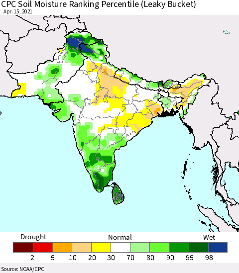 Southern Asia CPC Calculated Soil Moisture Ranking Percentile Thematic Map For 4/11/2021 - 4/15/2021