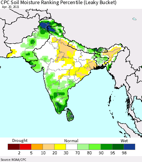 Southern Asia CPC Calculated Soil Moisture Ranking Percentile Thematic Map For 4/16/2021 - 4/20/2021