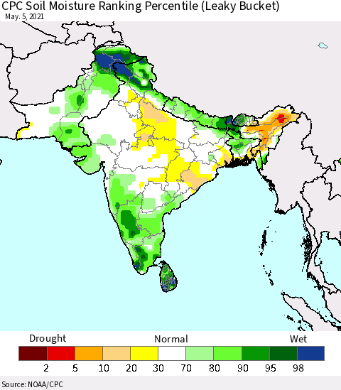 Southern Asia CPC Calculated Soil Moisture Ranking Percentile Thematic Map For 5/1/2021 - 5/5/2021