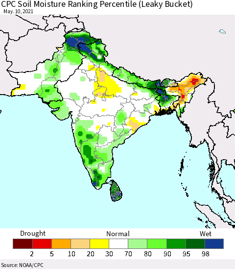 Southern Asia CPC Calculated Soil Moisture Ranking Percentile Thematic Map For 5/6/2021 - 5/10/2021