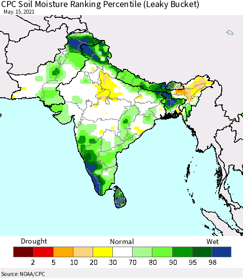 Southern Asia CPC Calculated Soil Moisture Ranking Percentile Thematic Map For 5/11/2021 - 5/15/2021