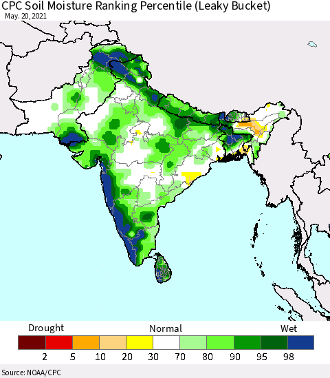 Southern Asia CPC Soil Moisture Ranking Percentile (Leaky Bucket) Thematic Map For 5/16/2021 - 5/20/2021