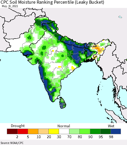 Southern Asia CPC Calculated Soil Moisture Ranking Percentile Thematic Map For 5/26/2021 - 5/31/2021