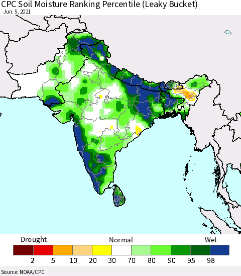 Southern Asia CPC Calculated Soil Moisture Ranking Percentile Thematic Map For 6/1/2021 - 6/5/2021