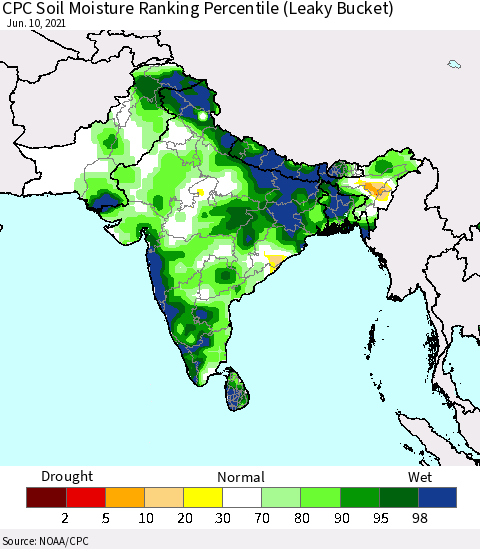 Southern Asia CPC Calculated Soil Moisture Ranking Percentile Thematic Map For 6/6/2021 - 6/10/2021