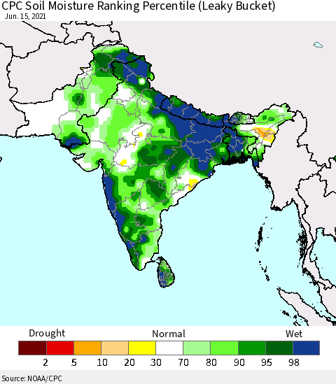 Southern Asia CPC Calculated Soil Moisture Ranking Percentile Thematic Map For 6/11/2021 - 6/15/2021
