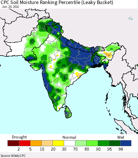 Southern Asia CPC Calculated Soil Moisture Ranking Percentile Thematic Map For 6/16/2021 - 6/20/2021