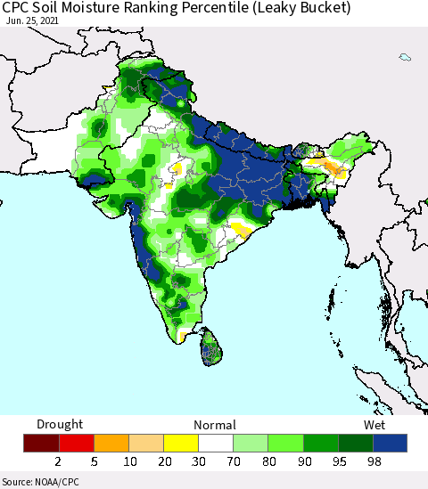 Southern Asia CPC Calculated Soil Moisture Ranking Percentile Thematic Map For 6/21/2021 - 6/25/2021