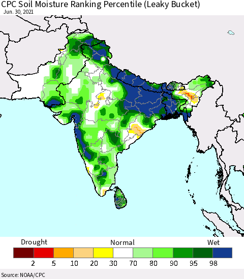 Southern Asia CPC Calculated Soil Moisture Ranking Percentile Thematic Map For 6/26/2021 - 6/30/2021