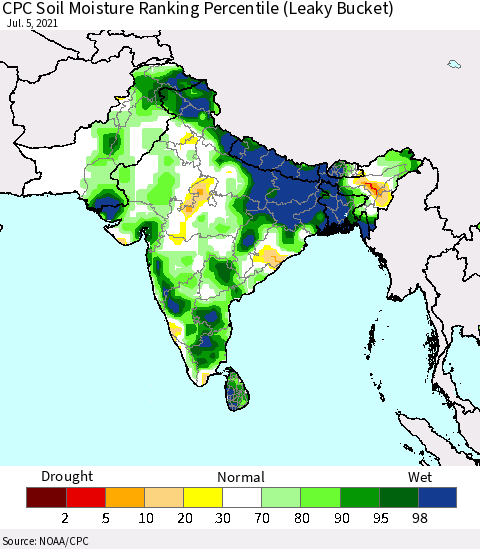 Southern Asia CPC Calculated Soil Moisture Ranking Percentile Thematic Map For 7/1/2021 - 7/5/2021