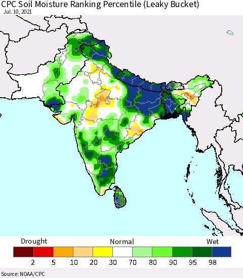 Southern Asia CPC Calculated Soil Moisture Ranking Percentile Thematic Map For 7/6/2021 - 7/10/2021