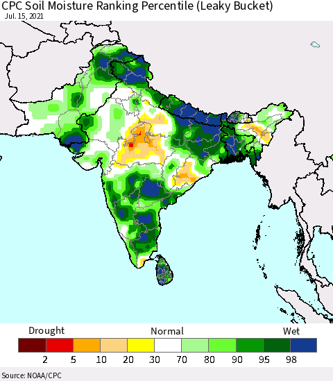 Southern Asia CPC Calculated Soil Moisture Ranking Percentile Thematic Map For 7/11/2021 - 7/15/2021