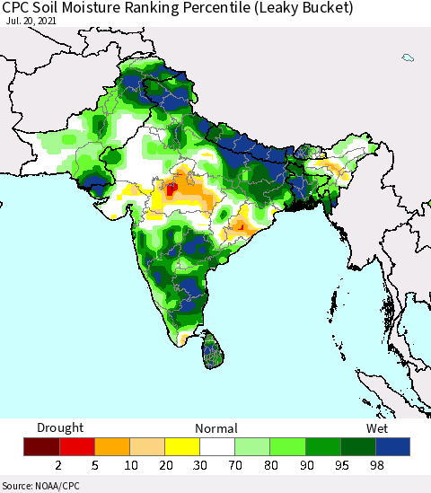 Southern Asia CPC Calculated Soil Moisture Ranking Percentile Thematic Map For 7/16/2021 - 7/20/2021