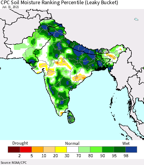 Southern Asia CPC Calculated Soil Moisture Ranking Percentile Thematic Map For 7/26/2021 - 7/31/2021
