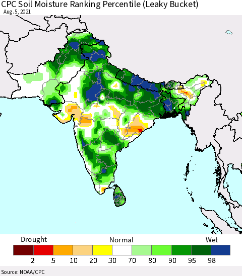 Southern Asia CPC Calculated Soil Moisture Ranking Percentile Thematic Map For 8/1/2021 - 8/5/2021