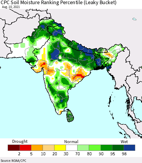 Southern Asia CPC Calculated Soil Moisture Ranking Percentile Thematic Map For 8/6/2021 - 8/10/2021