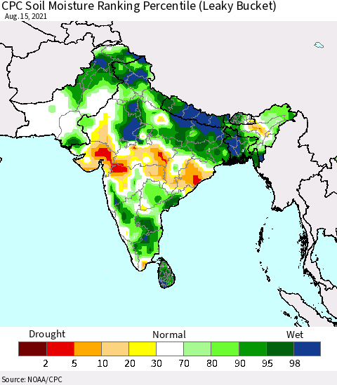 Southern Asia CPC Soil Moisture Ranking Percentile (Leaky Bucket) Thematic Map For 8/11/2021 - 8/15/2021