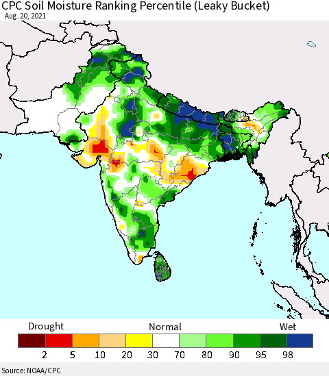 Southern Asia CPC Calculated Soil Moisture Ranking Percentile Thematic Map For 8/16/2021 - 8/20/2021