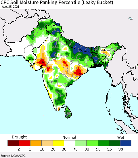 Southern Asia CPC Calculated Soil Moisture Ranking Percentile Thematic Map For 8/21/2021 - 8/25/2021