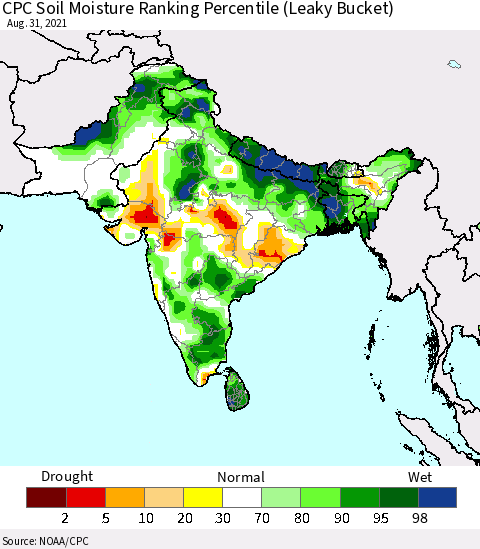 Southern Asia CPC Soil Moisture Ranking Percentile (Leaky Bucket) Thematic Map For 8/26/2021 - 8/31/2021